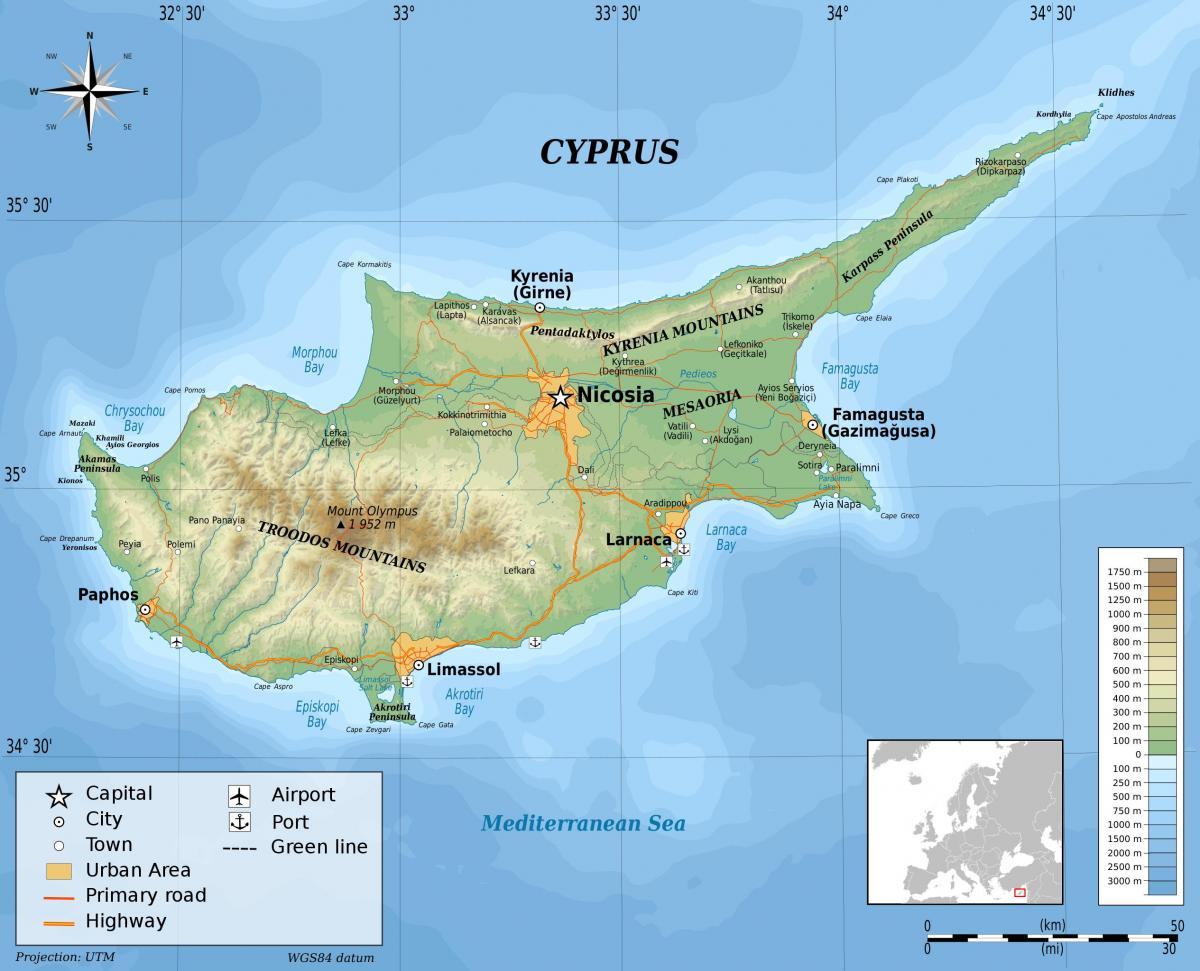 Mapa de altitud de Chipre